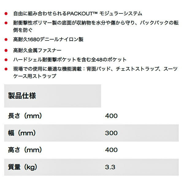 日本正規品 ミルウォーキー PACKOUT バックパック (48-22-8301)(4573592050044) milwaukee