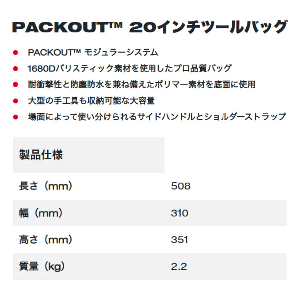 日本正規品 ミルウォーキー PACKOUT 20インチツールバッグ (48-22-8322N)(4573592050075) milwaukee