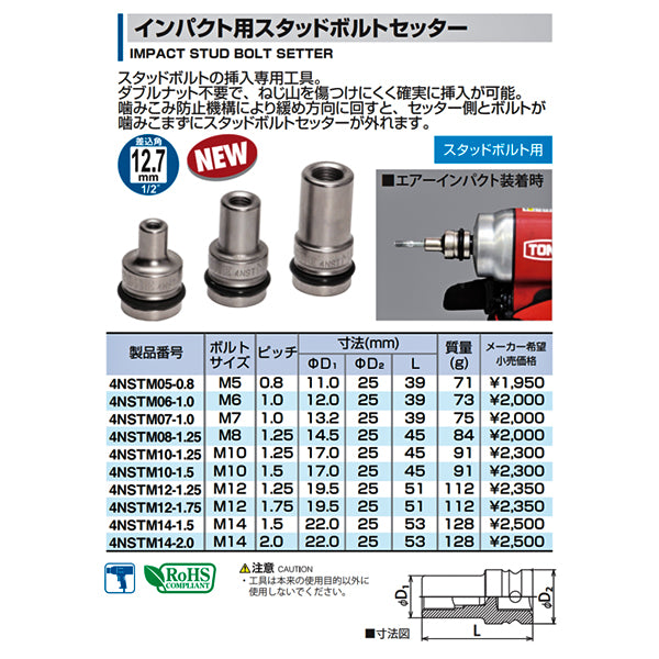 TONE スタッドボルトリムーバー インパクト用スタッドボルトセッター 差込角12.7mm ねじ寸法M12×1.75 (4NSTM12-1.75)(4953488424218) トネ