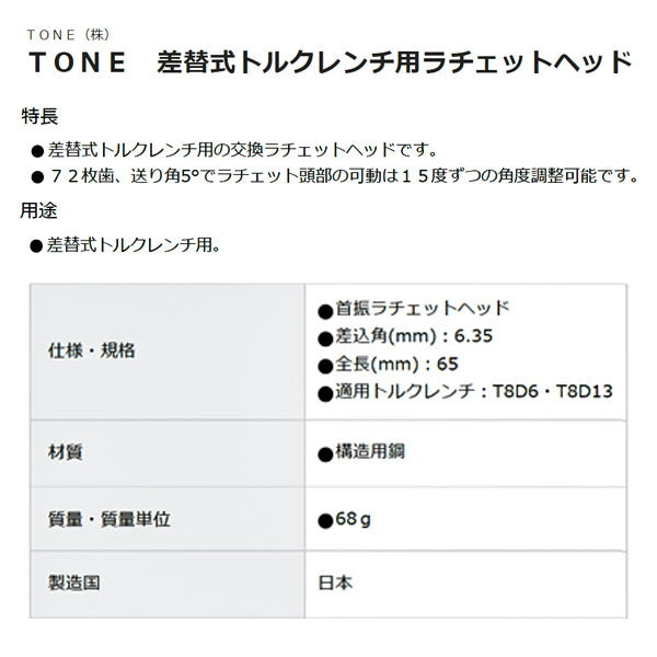 TONE 差替式トルクレンチ用交換ラチェットヘッド 差込角6.35mm 全長65mm (8DRH2FH)(4953488424805) トネ