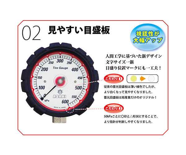 アサヒ 赤針モデル ゲージボタルEX600 細口ソケットチャックセット 乗用車・バン向け 600kPa タイヤゲージ 日本製 特別仕様 (AGE-600R-F48)(4940995774042) ASAHI 旭産業