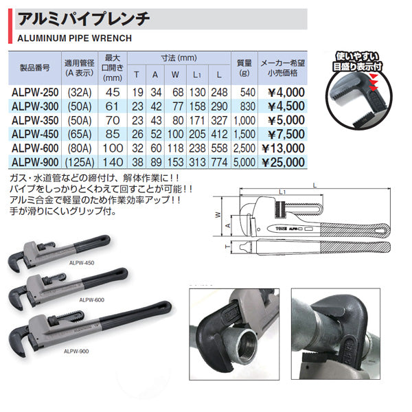 TONE パイプレンチ(アルミ製) 全長558mm 口開き100mm (ALPW-600)(4953488406870) トネ
