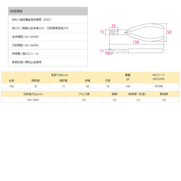 TTC カクッと45°ニッパー AN-150A ニッパー アングルニッパー 150mm ツノダ