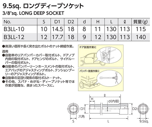 KTC ディープソケット 差込角9.5mm(9.5sq.)(3/8) サイズ12mm 六角 (B3LL-12)(4989433140445) 京都機械工具