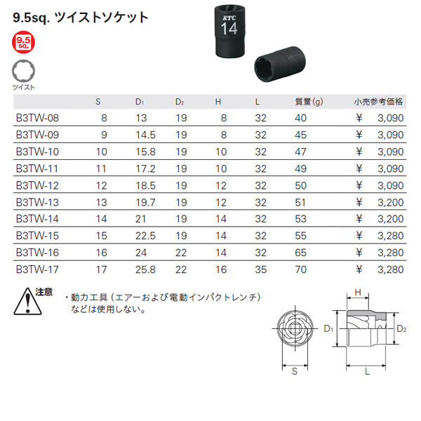 KTC ソケット 差込角9.5mm(9.5sq.)(3/8) サイズ11mm 六角 (B3TW-11)(4989433165219) 京都機械工具