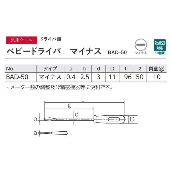 KTC ベビードライバー マイナス 3mm 全長95mm (BAD-50)(4989433801032) 京都機械工具