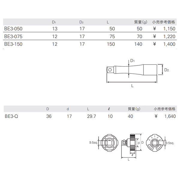 KTC BE3-4PQ エクステンションバー + クイックスピンナ 4点セット (BE3-050,075,150,BE3-Q) 差込角9.5mm(9.5sq.)(3/8) エヒメマシンオリジナルセット