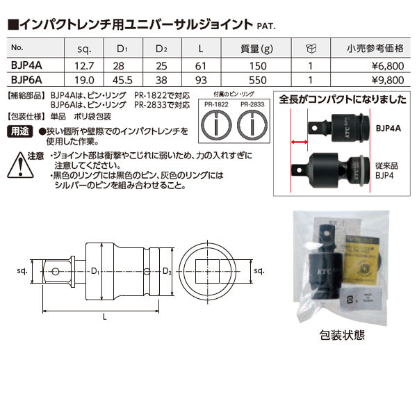 KTC インパクトレンチ用ユニバーサルジョイント 差込角12.7mm(12.7sq.)(1/2) (BJP4A)(4989433615127) 京都機械工具