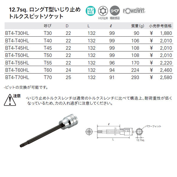 KTC トルクスビットソケット 差込角12.7mm(12.7sq.)(1/2) 呼びT55 (BT4-T55HL)(4989433149486) 京都機械工具