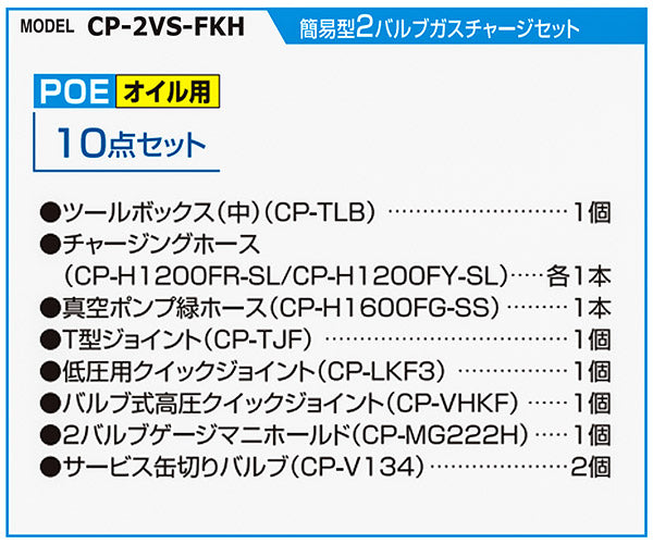 デンゲン 134aガスチャージセット 2バルブ方式 簡易型 POEオイル車専用 ハイブリッドEV車用 10点セット (CP-2VS-FKH) (4562396134951) DENGEN