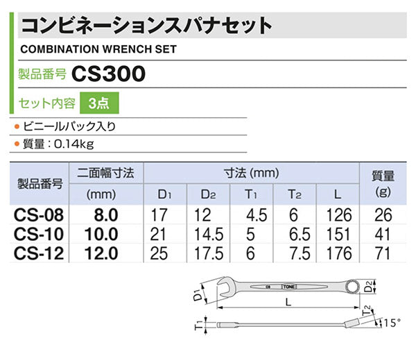 TONE コンビネーションスパナセット 3点セット メッキ処理 ビニール袋付き (CS300)(4953488422634) トネ