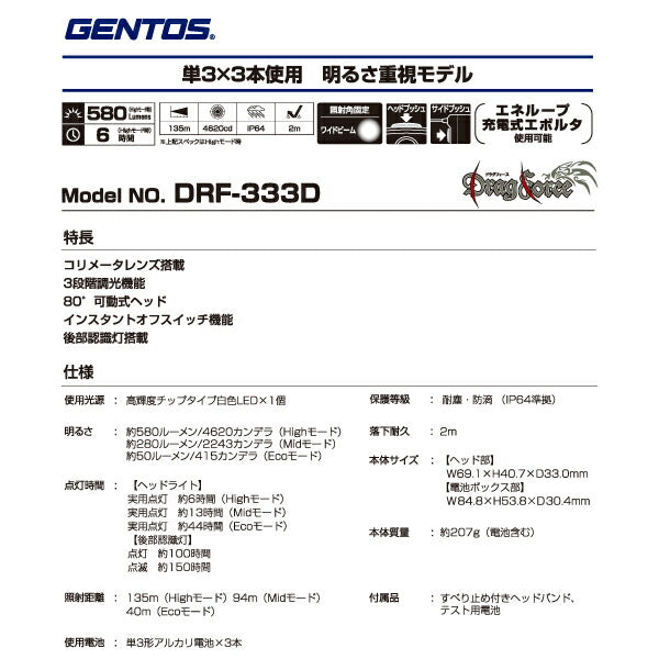 GENTOS LEDヘッドライト ドラグフォース DRF-333D ジェントス LED ライト 明るい アウトドア 防災 電池式 おしゃれ 作業灯