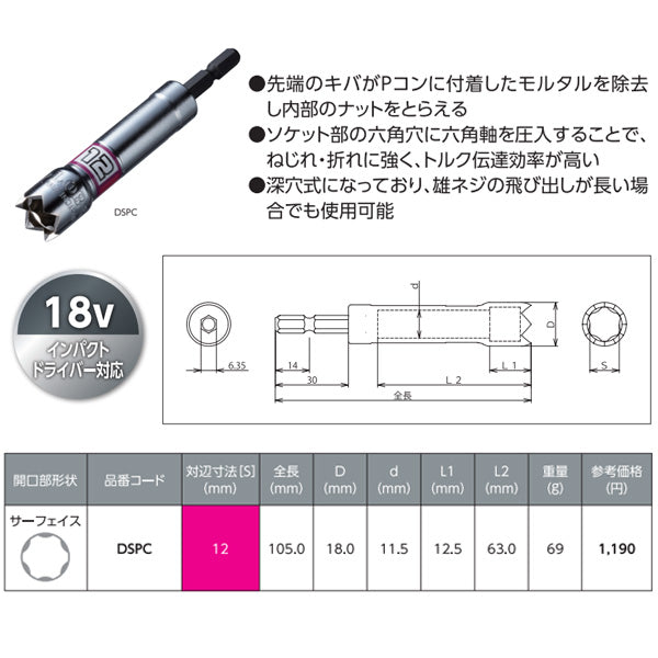 ロブテックス Pコン用ソケット“ストロック” 12mm サーフェイス DSPC エビ LOBSTER ロブスター エビ印工具 LOBTEX