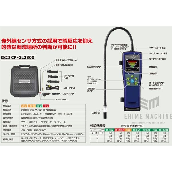 デンゲン ガスリークテスター 赤外線センサ方式 R-1234yf対応 冷媒選択式 兼用タイプ (CP-GL2800) (4562396135590) DENGEN