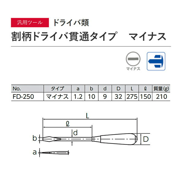 KTC 割柄ドライバー マイナス 10mm 全長275mm (FD-250)(4989433801018) 京都機械工具
