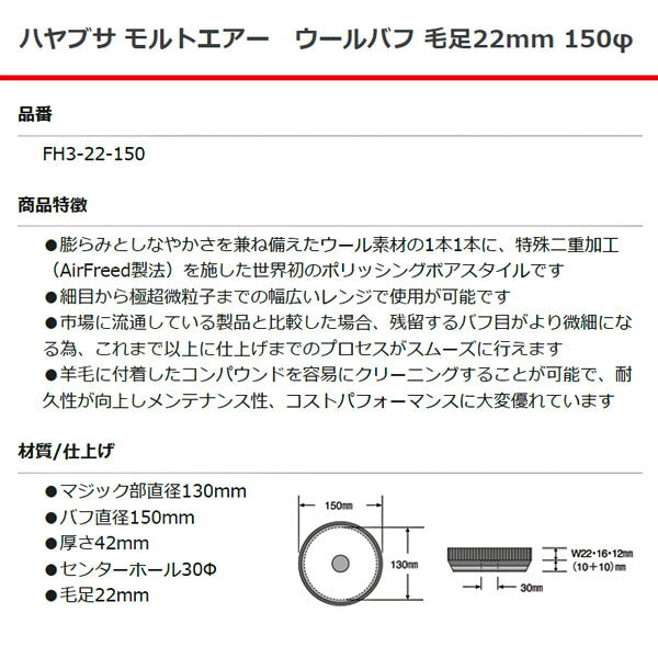 HAYABUSA ハヤブサ モルトエアー ウールバフ 毛足22mm FH3-22-150 直径150mm 自動車 研磨 磨き