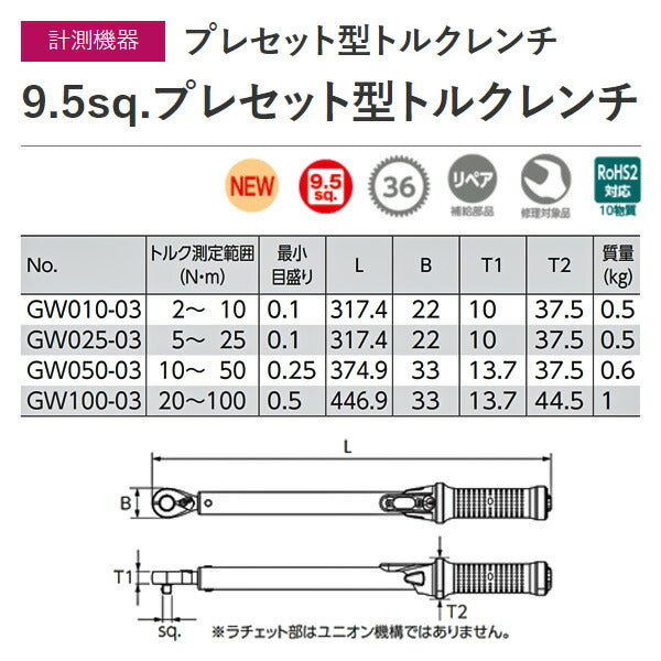 KTC 9.5sq. プレセット型 トルクレンチ GW025-03 測定範囲5~25N・m 工具