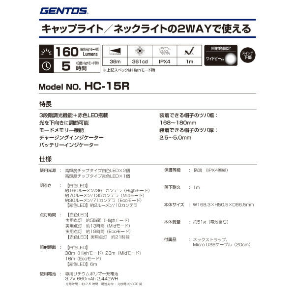 GENTOS LED充電式 キャップライト HC-15R ジェントス LED ライト 明るい アウトドア 防災 おしゃれ 作業灯