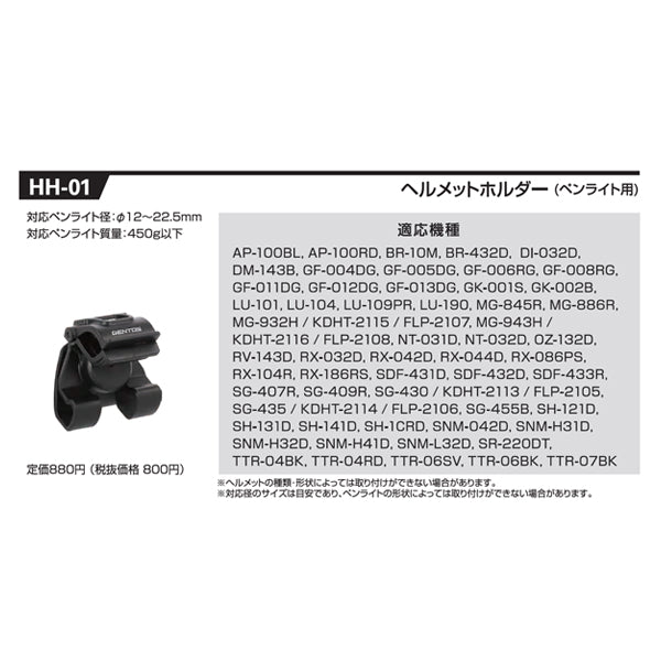 ジェントス ペンライト用ヘルメットホルダー 角度調整前後40° (HH-01)(4950654045949) GENTOS