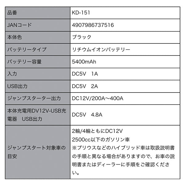 カシムラ 小型軽量 ジャンプスターター モバイルバッテリー KD-151