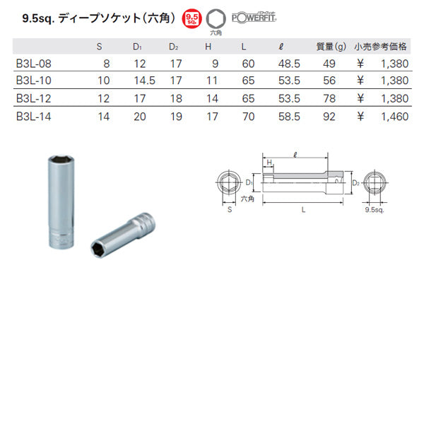 KTC B3L-4P 9.5sq.六角ディープソケット4点セット(B3L-08,10,12,14) 工具 京都機械工具