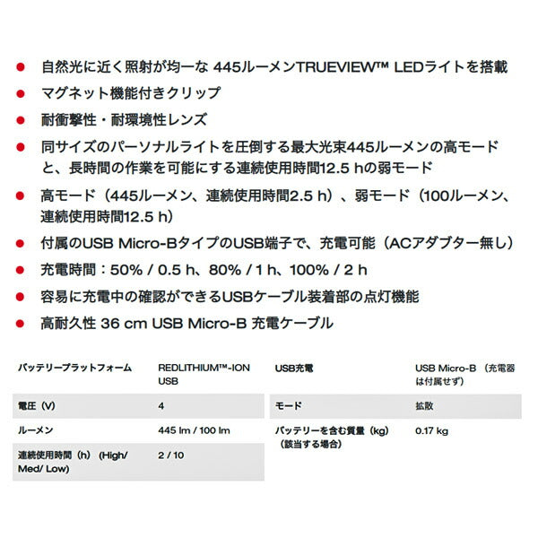 日本正規品 ミルウォーキー REDLITHIUM USB 充電式パーソナルライト (L4 FL-301 JP)(4573592040182) milwaukee