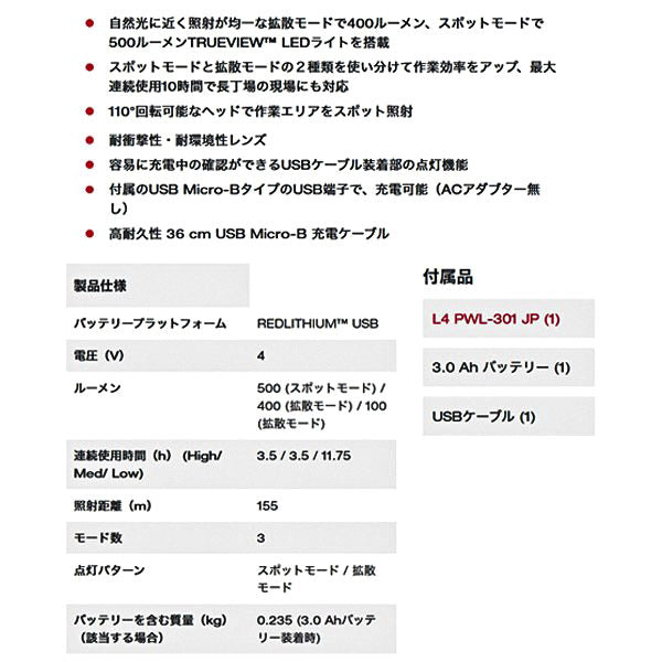 日本正規品 ミルウォーキー REDLITHIUM USB 充電式ワークライト (L4 PWL-301 JP)(4573592040168) milwaukee