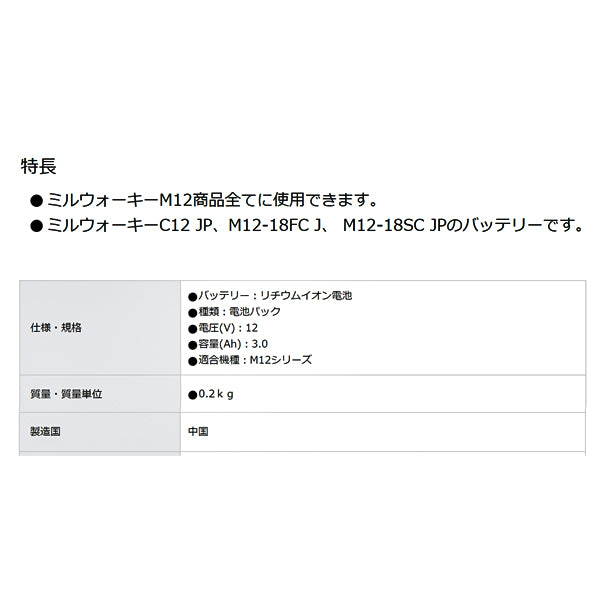 日本正規品 ミルウォーキー M12 3.0AHバッテリー (M12 B3 JP)(4573592060012) milwaukee
