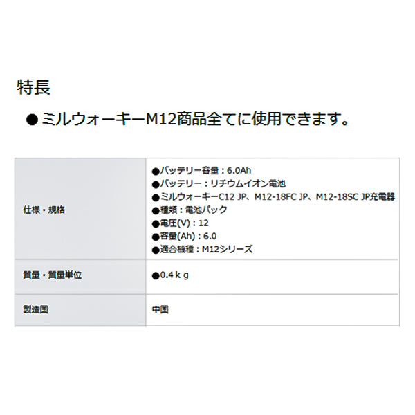日本正規品 ミルウォーキー M12 6.0AHバッテリー (M12 B6 JP)(4573592060036) milwaukee