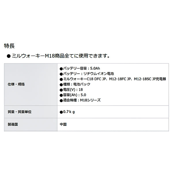 日本正規品 ミルウォーキー M18 5.0AH バッテリー (M18 B5 JP)(4573592060111) milwaukee