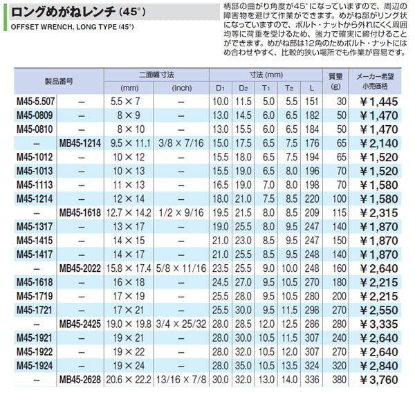 TONE 両口ロングめがねレンチ(45°) 対辺寸法12×14mm 全長220mm メッキ処理 (M45-1214)(4953488044072) トネ