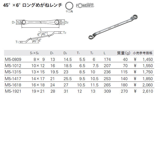 KTC M5-6PEM ロングめがねレンチ6本セット (M5-0809,1012,1315,1417,1618,1921) エヒメマシンオリジナルセット