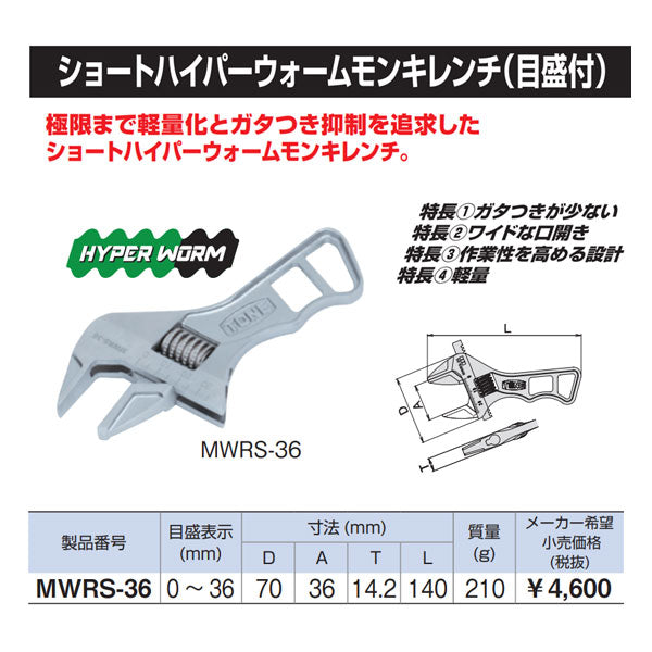 TONE ショートハイパーウォーム モンキーレンチ シルバー 全長140mm (MWRS-36)(4953488430325) トネ