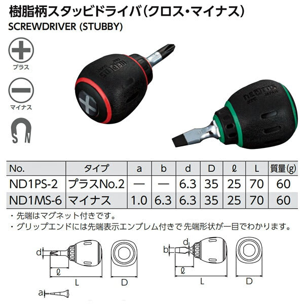 NEPROS ND1PS-2 全長70mm 樹脂柄スタッビドライバ (クロス) (4989433830148) ネプロス