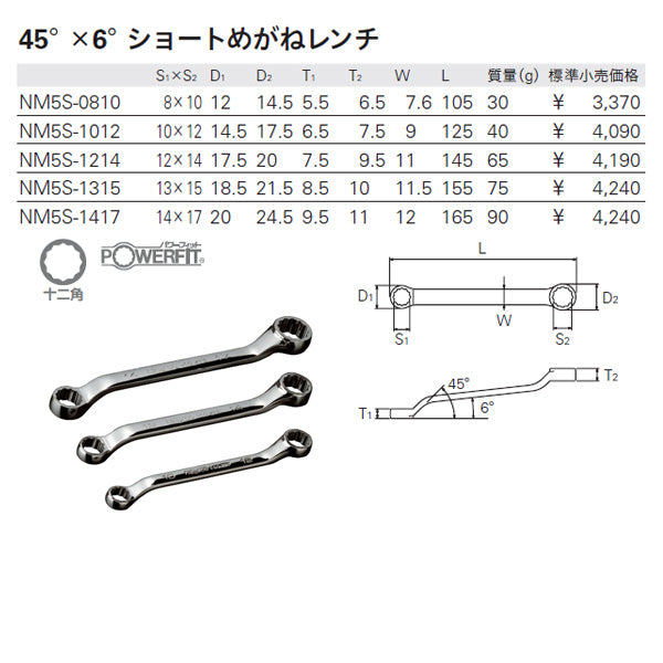 NEPROS NM5S-0810 サイズ8x10mm 45°×6°ショートめがねレンチ ネプロス