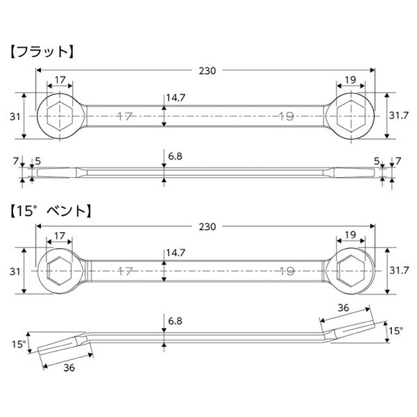 Pro-Auto 薄型六角メガネレンチ 17×19mm 2本組 RBJ-1719S スエカゲツール プロオート 工具 めがねレンチ 6角