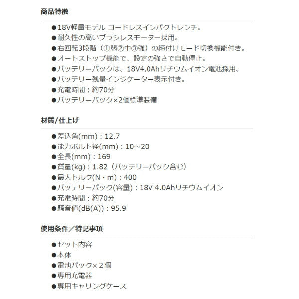 SHINANO 18V コードレスインパクトレンチ 12.7mm角 SI-170W バッテリー2個付 信濃機販 シナノ 電動工具