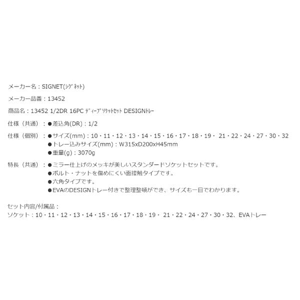 シグネット 1/2DR 16PC ディープソケットセット DESIGNトレー (13452)(4712818939019) SIGNET