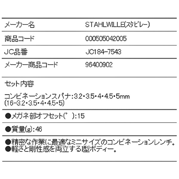 日本正規品 スタビレー 六角片目片口スパナセット (16/5PC)(4018754080694) STAHLWILLE