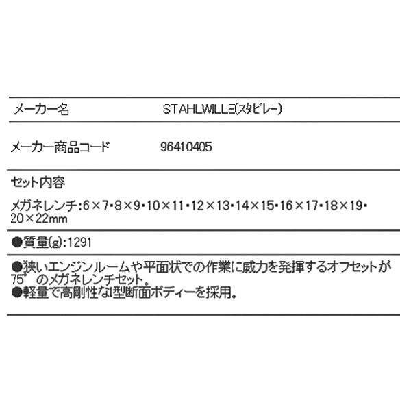 日本正規品 スタビレー メガネレンチセット 75゜ (20/8)(4018754080977) STAHLWILLE