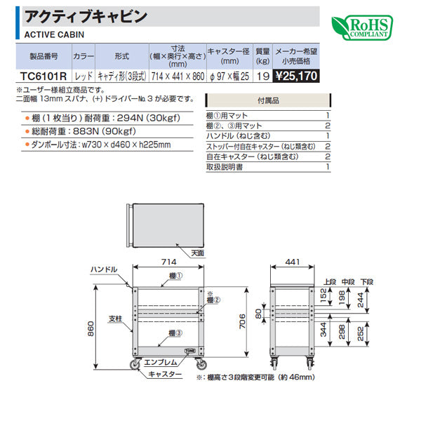 TONE 整備用工具セット ツールキャビン レッド 幅714×奥行441×高さ860mm (TC6101R)(4953488301656) トネ