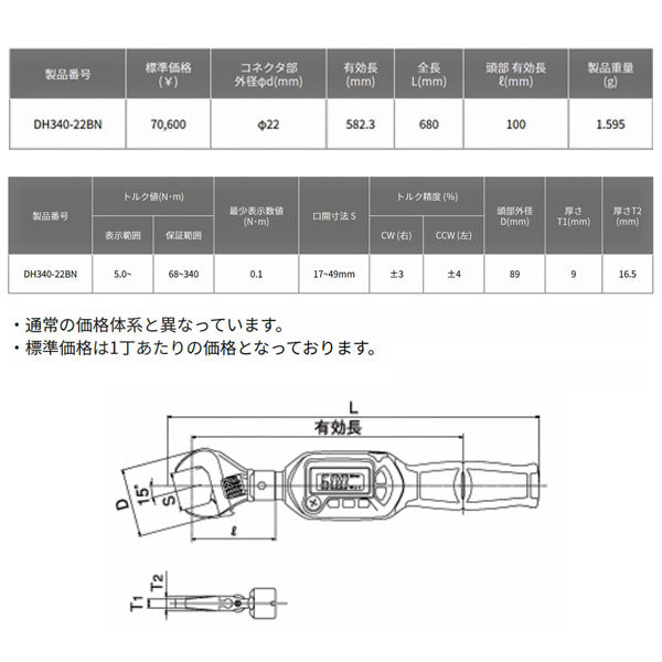 TOP モンキ形デジタルトルクレンチ 調整範囲 68~340N・m DH340-22BN トップ