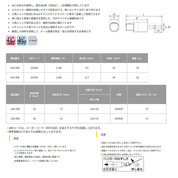 TOP 電動ドリル用アルファソケットアダプター 12.7 ESA-4DX トップ工業 工具