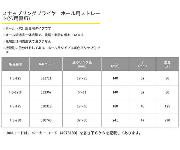 TOP スナップリングプライヤ穴用直爪 175mm 使用範囲19〜65mm HS-175 トップ工業
