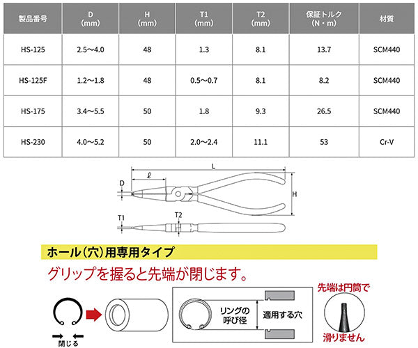 TOP スナップリングプライヤ穴用直爪 175mm 使用範囲19〜65mm HS-175 トップ工業