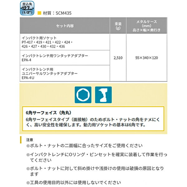 TOP インパクトレンチ用ソケット ワンタッチアダプターセット PT-1736PUS 差込角12.7mm 12点セット トップ工業