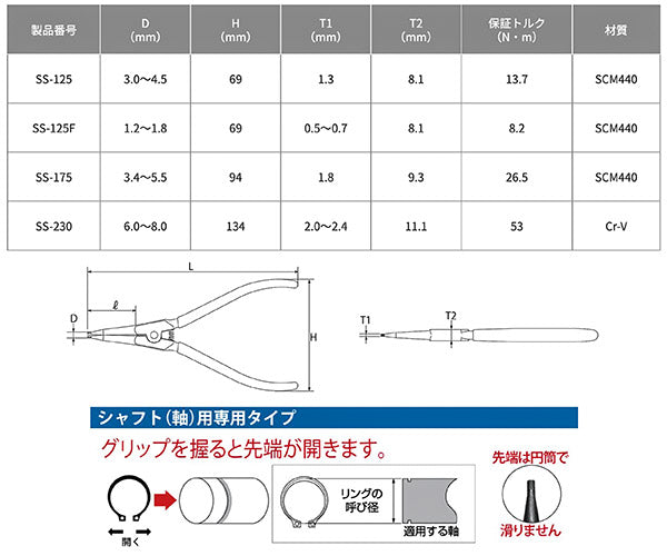 TOP スナップリングプライヤ 軸用直爪 175mm使用範囲19〜40mm SS-175 トップ工業