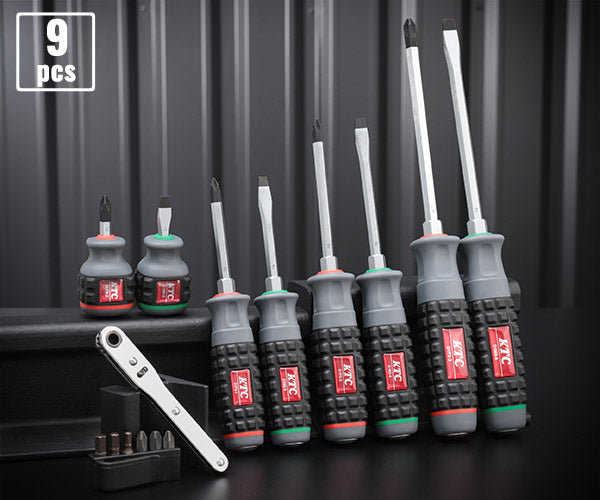 KTC TPMD18EM 樹脂柄ドライバー8本セット+板ラチェット差替えドライバセット (D1P2-1, 2, 3,D1M2-5, 6, 8,D1PS-2,D1MS-6,TMDB8) 京都機械工具