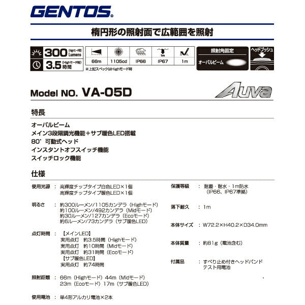 GENTOS LEDヘッドライト オーヴァ VA-05D ジェントス LED 明るい アウトドア 防災 電池式 作業灯