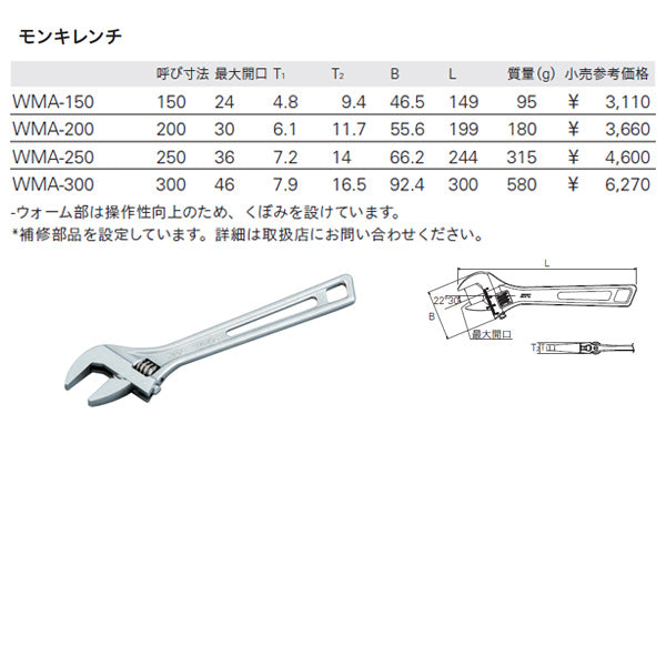 【5月の特価品】KTC 新型モンキレンチ WMA-250